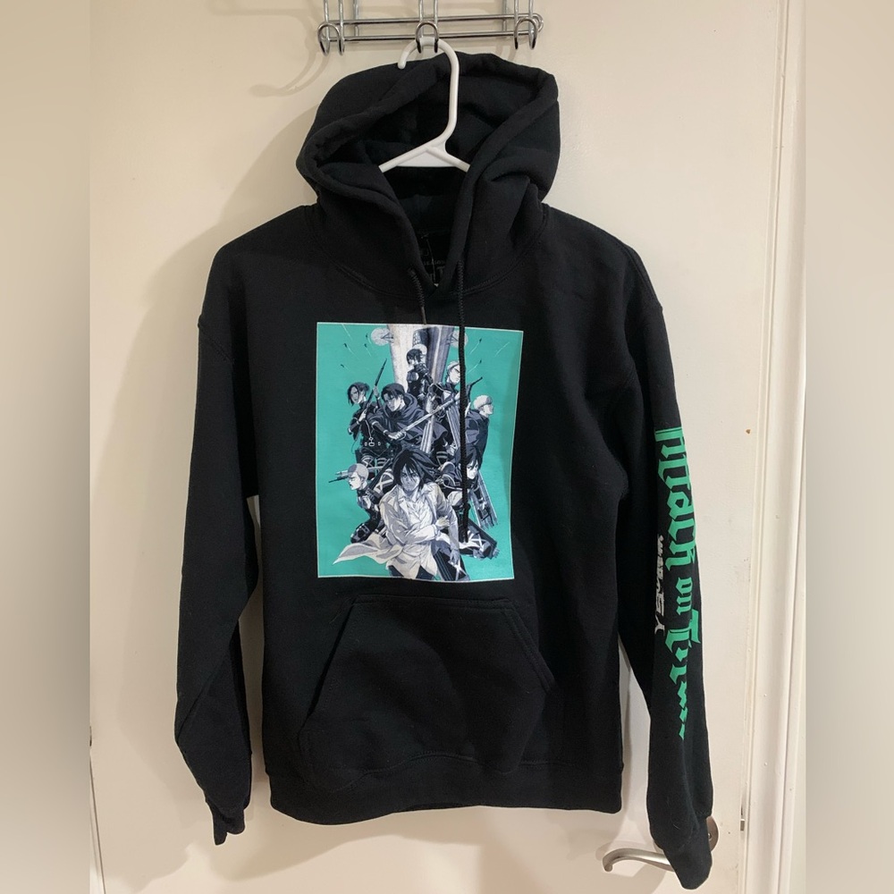 Black Graphic Hoodie with Teal Anime Panel